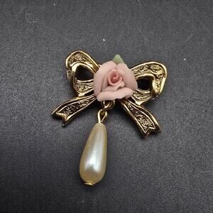 1928 Brand Bow brooch with Flower and Faux Pearl Vintage Costume Jewelry